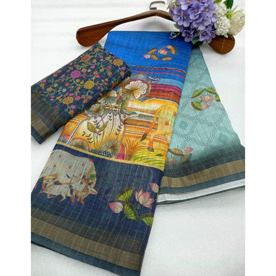 Multicolor Checks Zari Woven With Printed Linen Saree