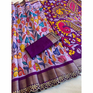 Lavender Floral Printed Dola Silk Saree With Sequins Border