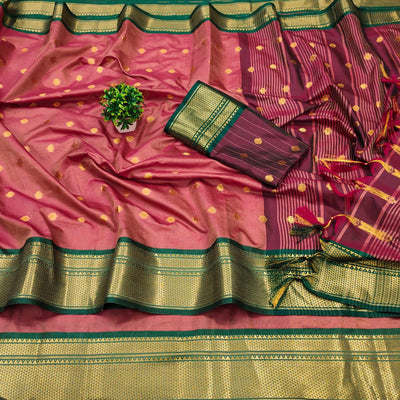 Peach Zari Woven Lichi Art Silk Saree With Tassels
