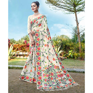 Cream Floral Woven Cotton Silk Saree With Tassels