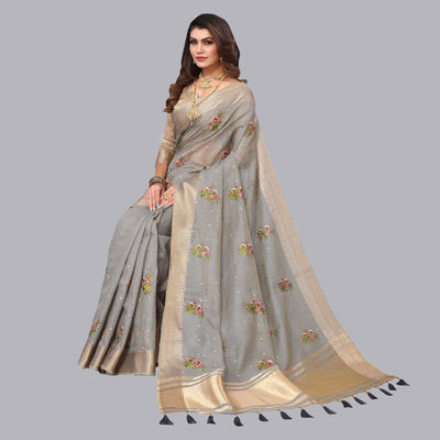 grey-floral-embroidered-cotton-silk-saree-with-zari-border