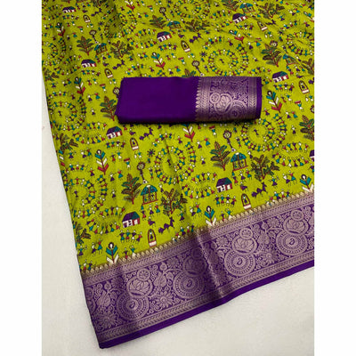 green-warli-printed-dola-silk-saree-with-zari-border