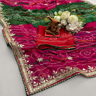 Multicolor Bandhani Printed Georgette Saree With Tassels