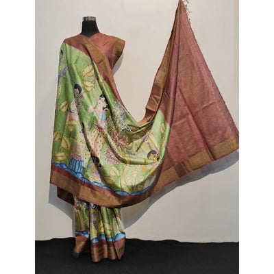 green-floral-printed-tussar-silk-saree-2