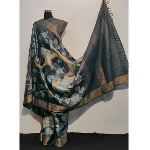 Dark Grey Floral Printed Tussar Silk Saree