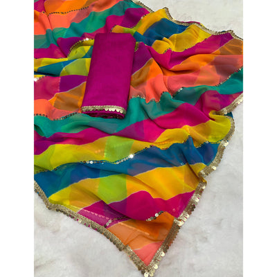 Multicolor Leheriya Printed Georgette Saree
