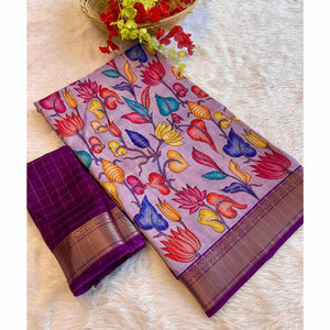 Lavender Floral Printed Dola Silk Saree With Zari Border