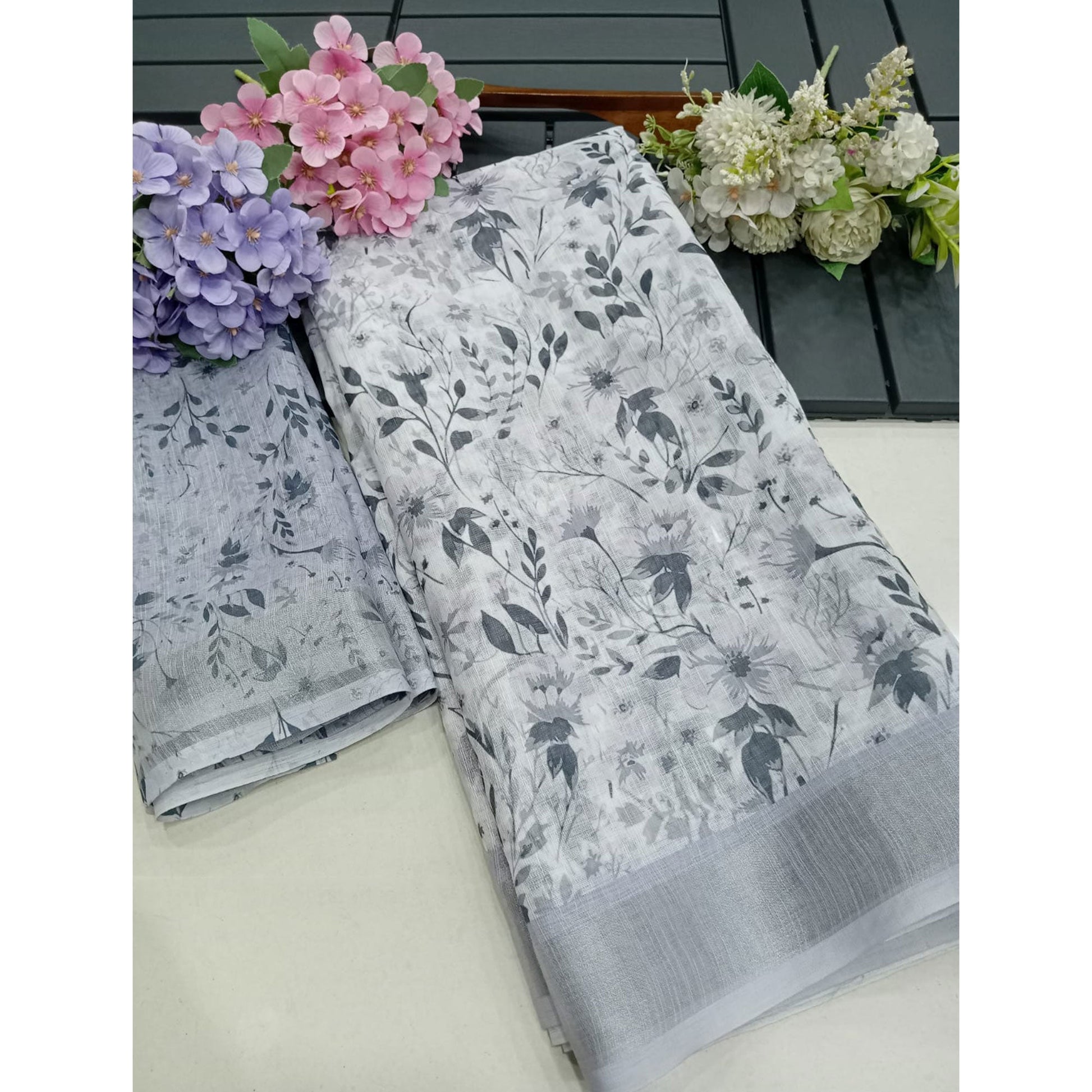 Light Grey Floral Digital Printed Linen Saree