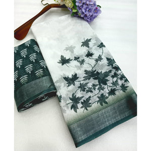 green-floral-printed-linen-saree-10