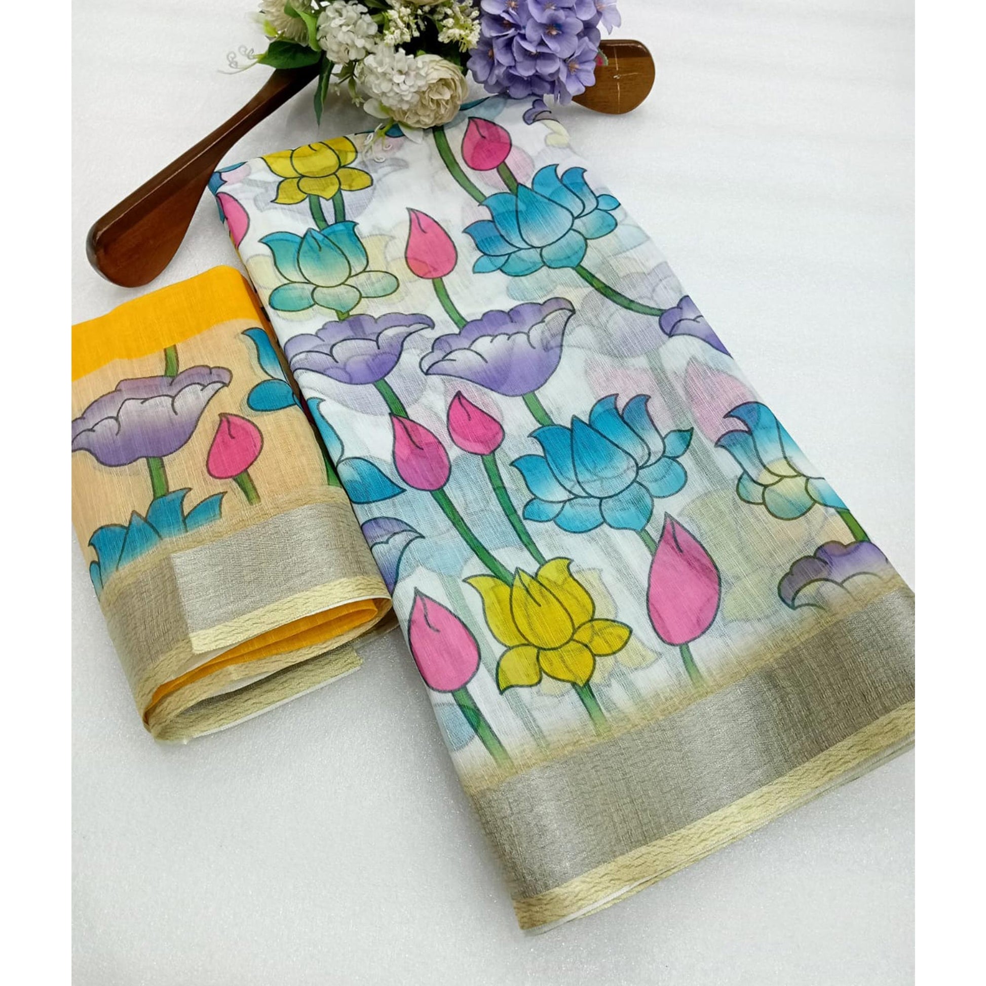 Multicolor Floral Printed Linen Saree