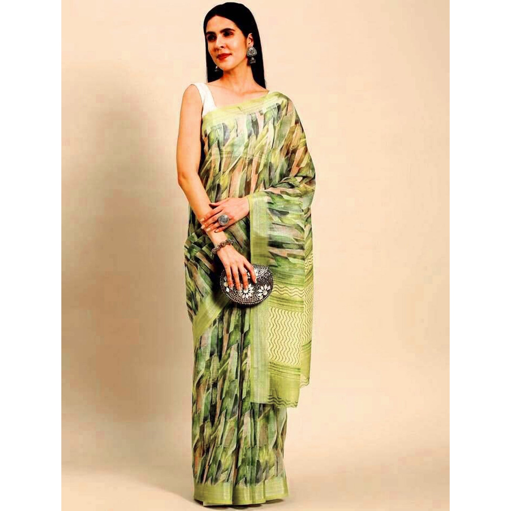 green-abstract-digital-printed-linen-saree-with-zari-border-1