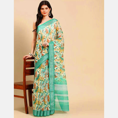 Multicolor Floral Digital Printed Linen Saree with Zari Border