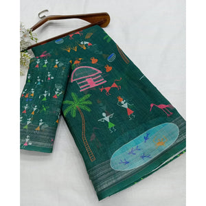 green-digital-printed-linen-saree-4