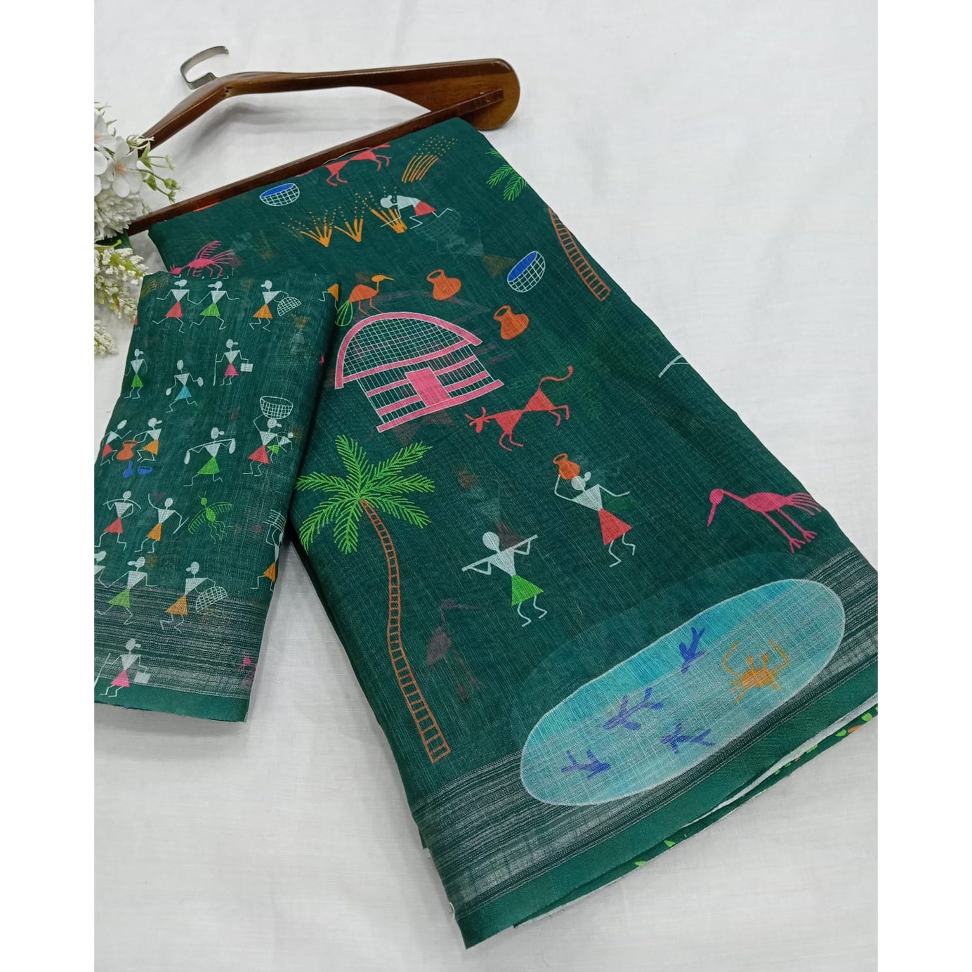 green-digital-printed-linen-saree-4