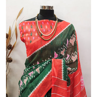 green-ikkat-printed-linen-saree-1