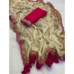 Cream Solid With Sequins Embroidered Moss Chiffon Saree