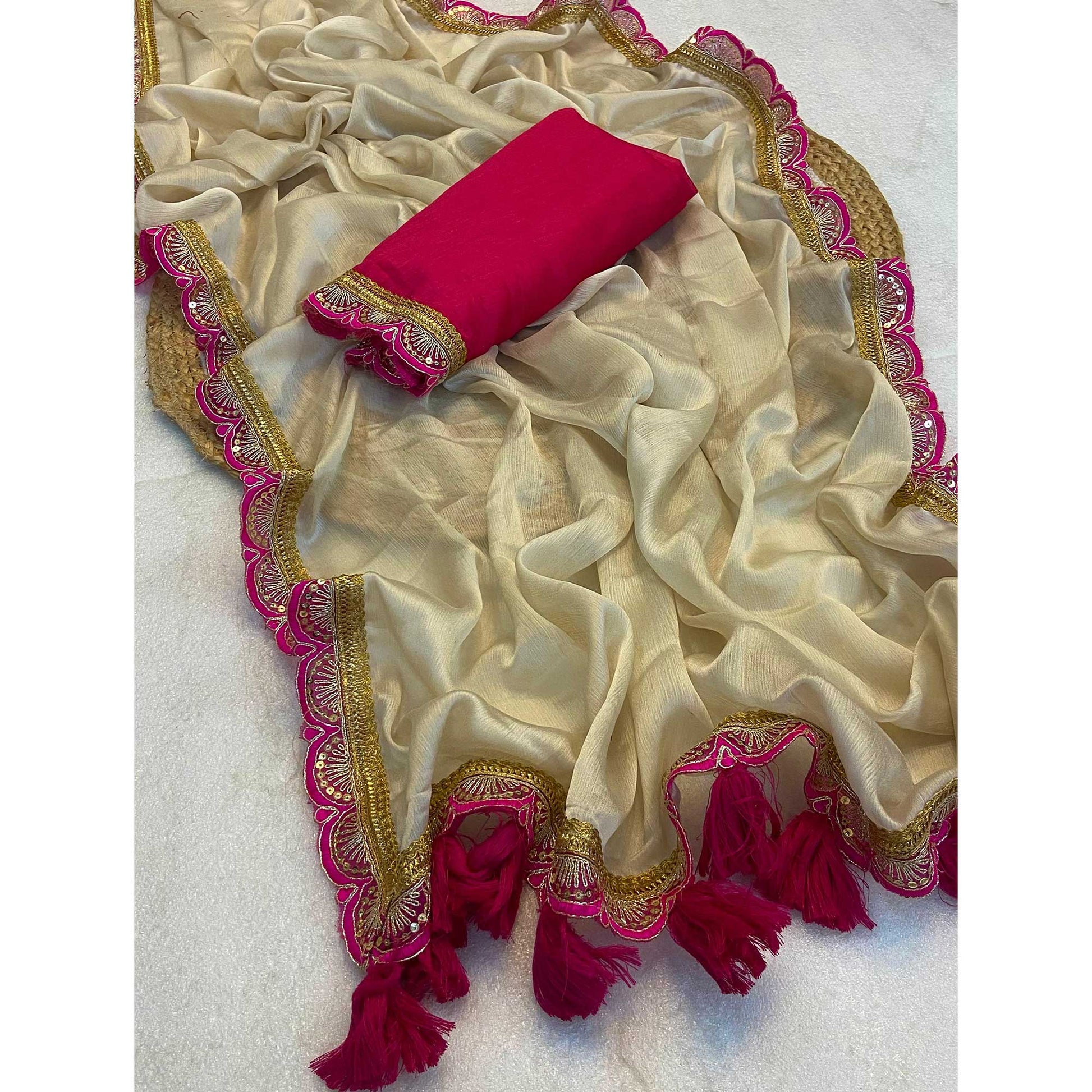 Cream Solid With Sequins Embroidered Moss Chiffon Saree