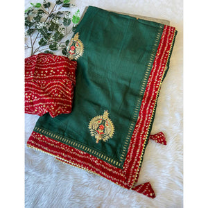 Morpich Green Zari Embroidered Vichitra Silk Saree