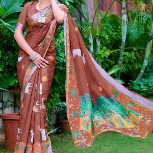 Brown Floral Printed Linen Saree