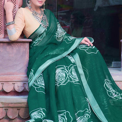 Dark Green Floral Printed Linen Saree