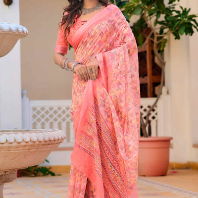 Gajri Pink Geometric Printed Linen Saree