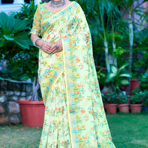 green-floral-printed-linen-saree-3