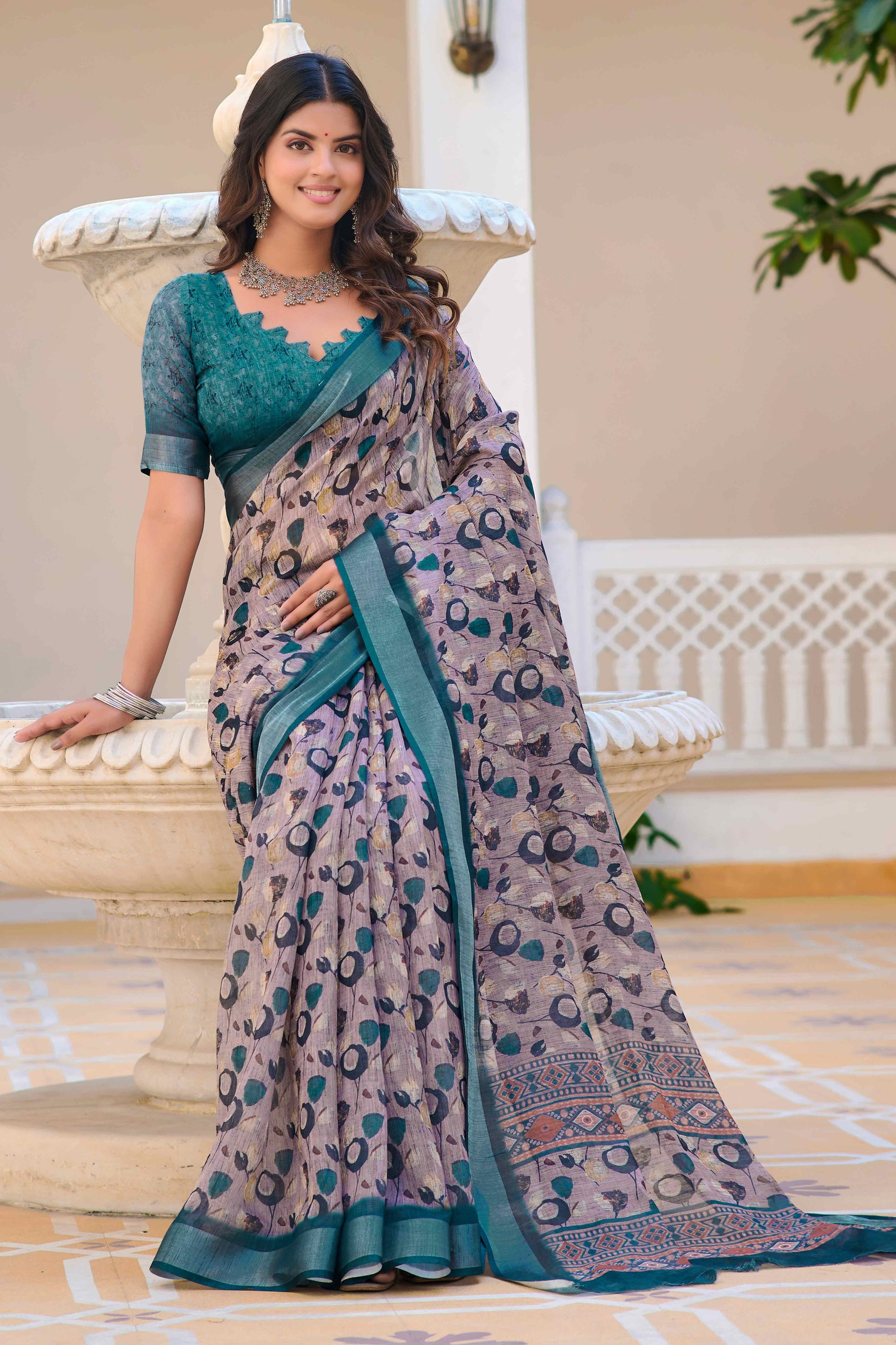 grey-floral-printed-linen-saree-3
