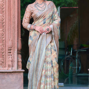 Light Brown Geometric Printed Linen Saree