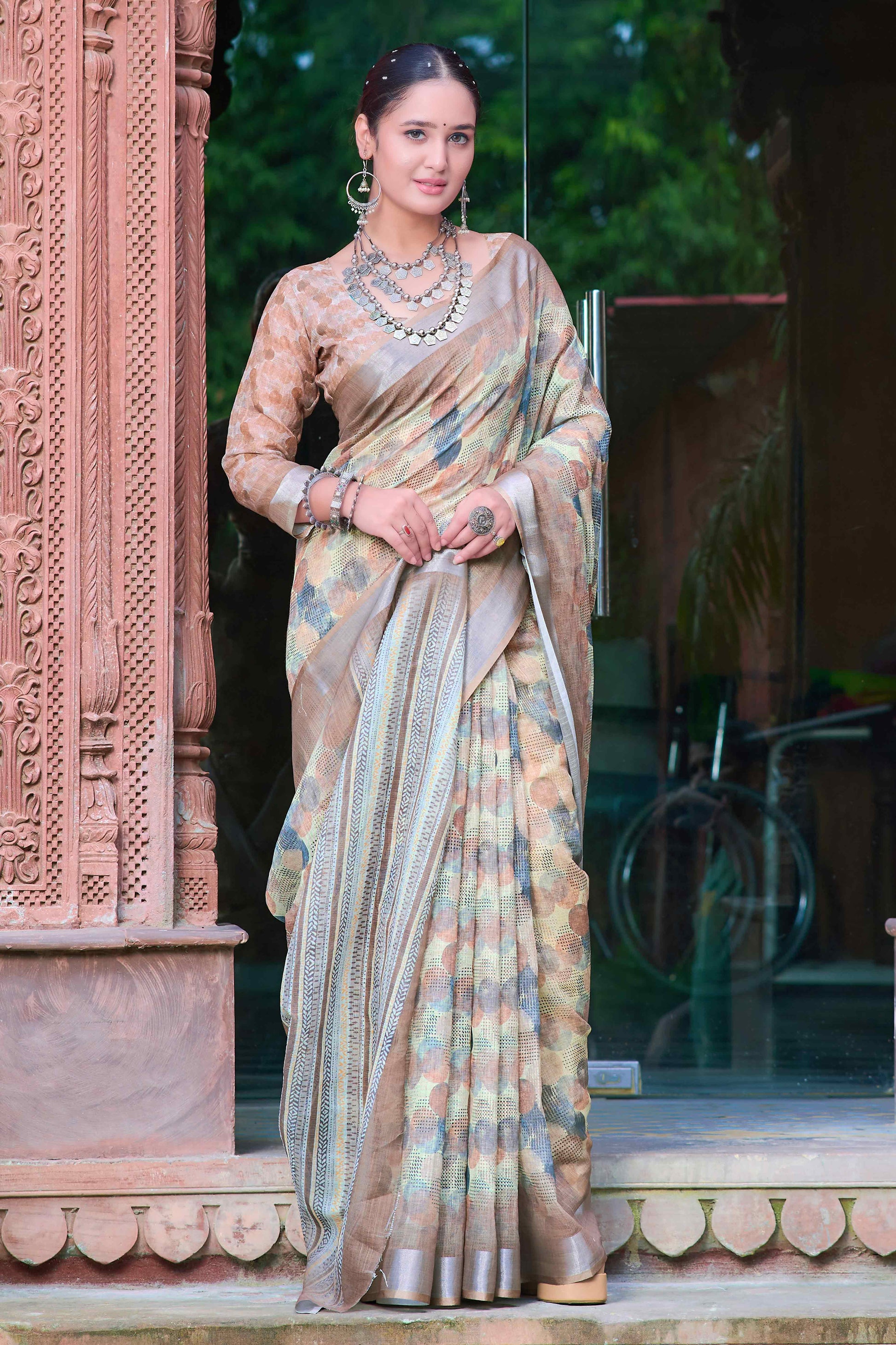 Light Brown Geometric Printed Linen Saree