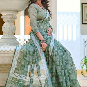 Light Green Floral Printed Linen Saree
