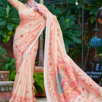 Light Peach Floral Printed Linen Saree