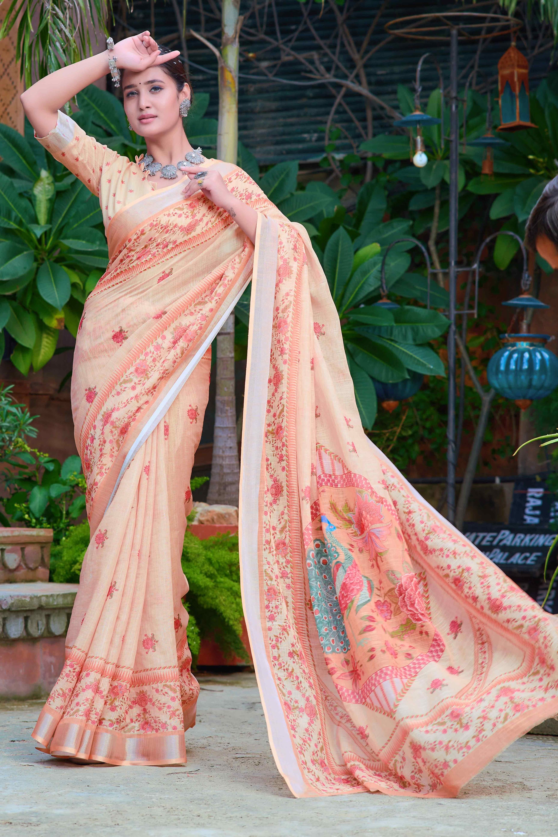 Light Peach Floral Printed Linen Saree