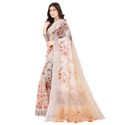 Cream Printed Linen Saree
