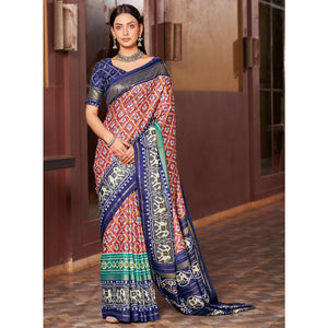 Mauve & Blue Patola Printed Dola Silk Saree
