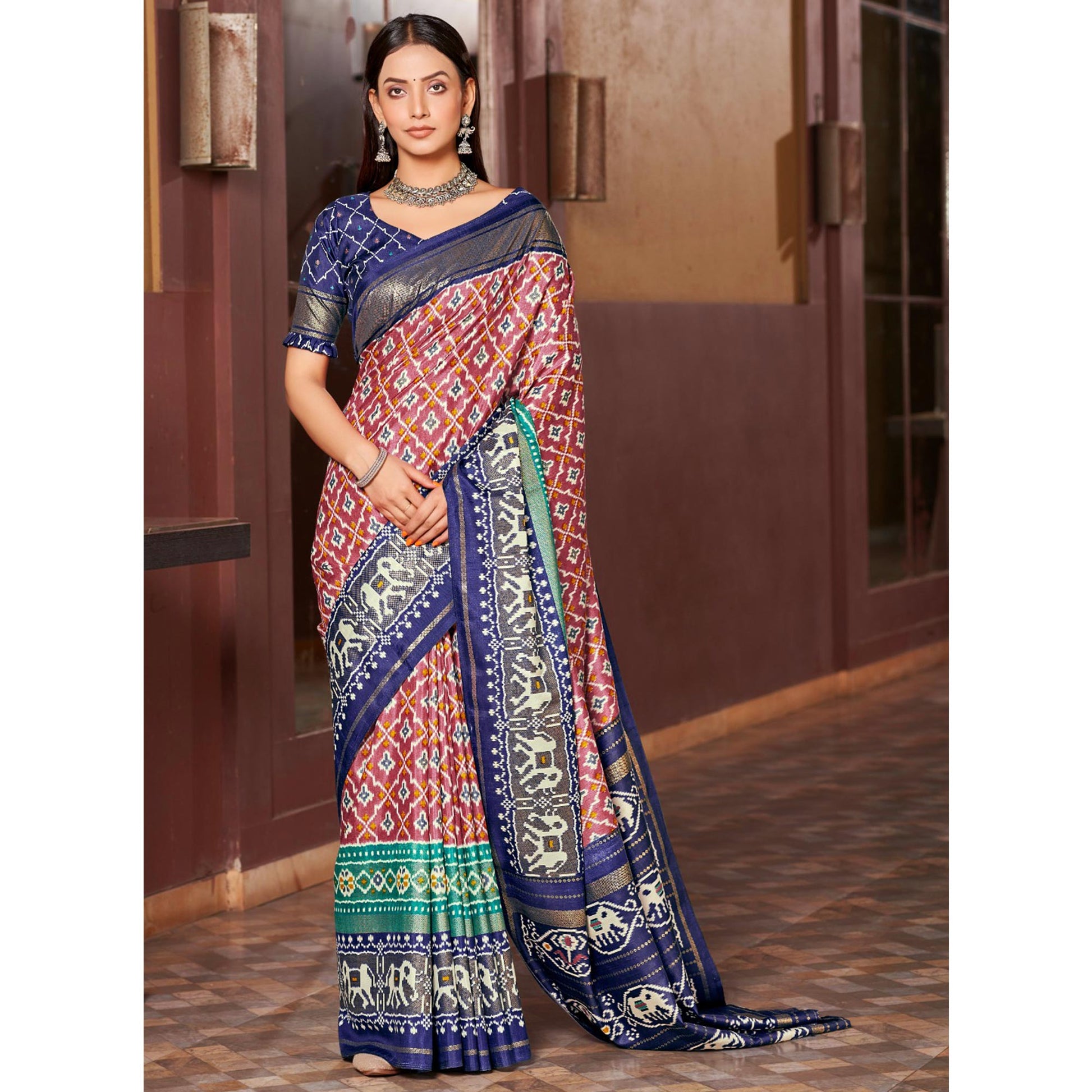 Mauve & Blue Patola Printed Dola Silk Saree