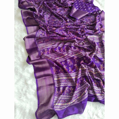 Lavender Printed Dola Silk Saree With Zari Border