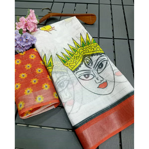 White Digital Printed With Zari Work Linen Cotton Saree