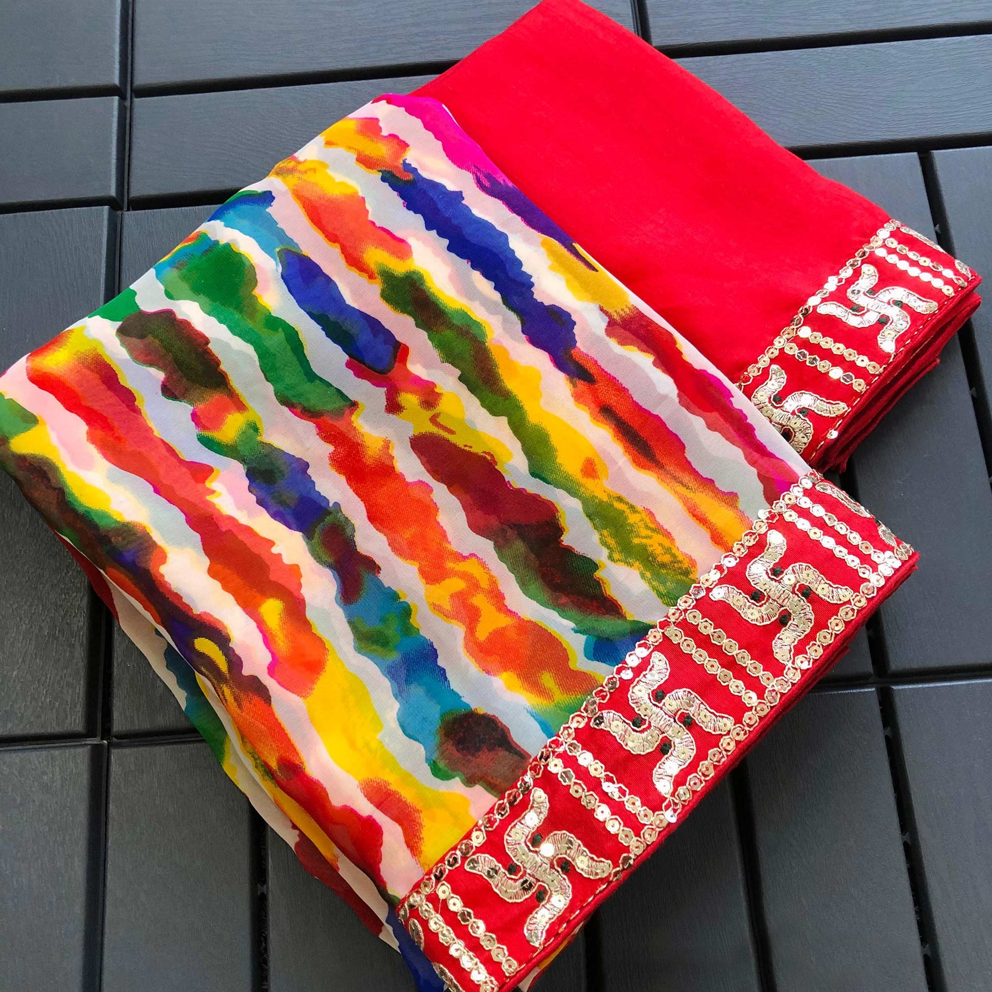 Multicolor Leheriya Printed Georgette Saree