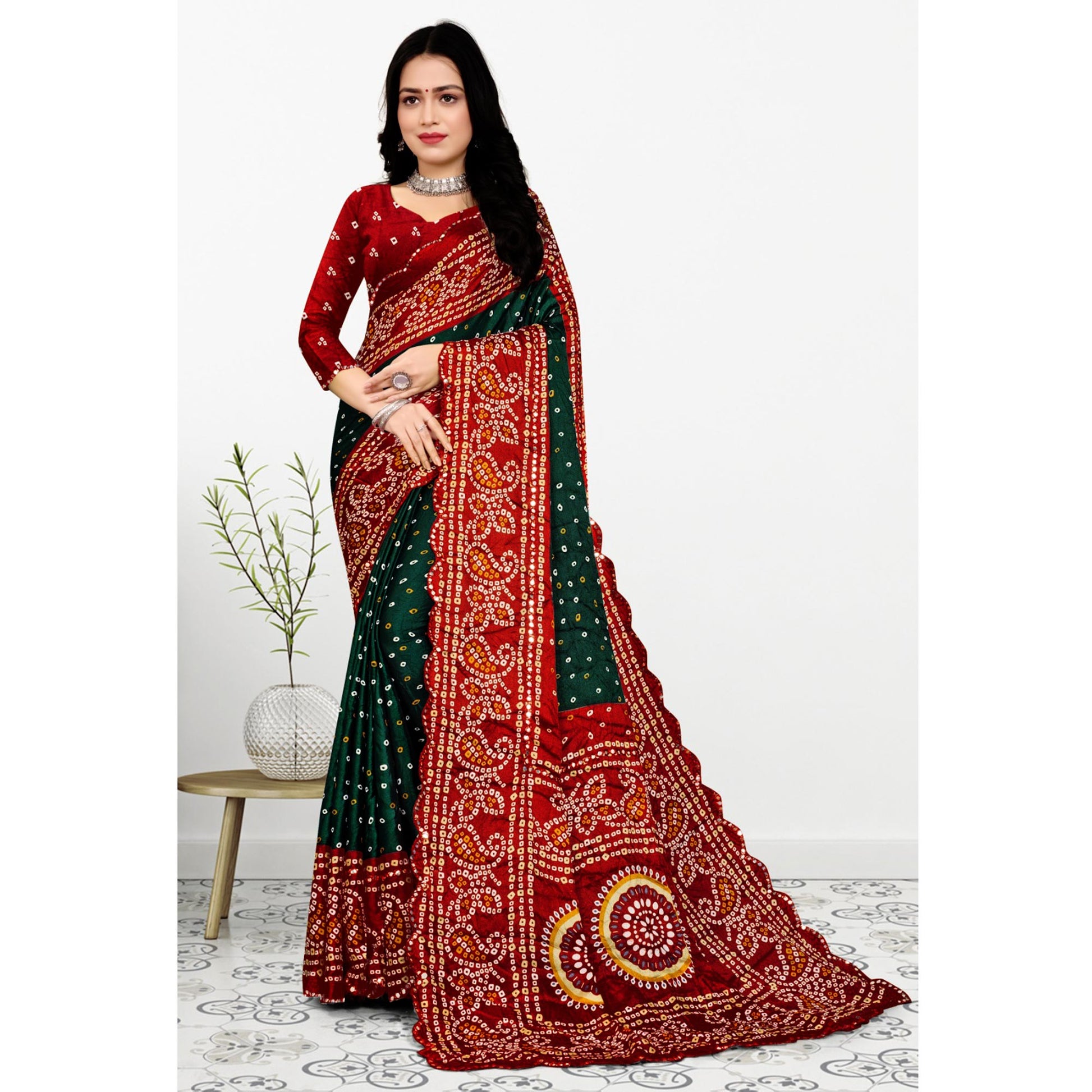 green-red-bandhani-printed-chiffon-saree-with-mirror-border