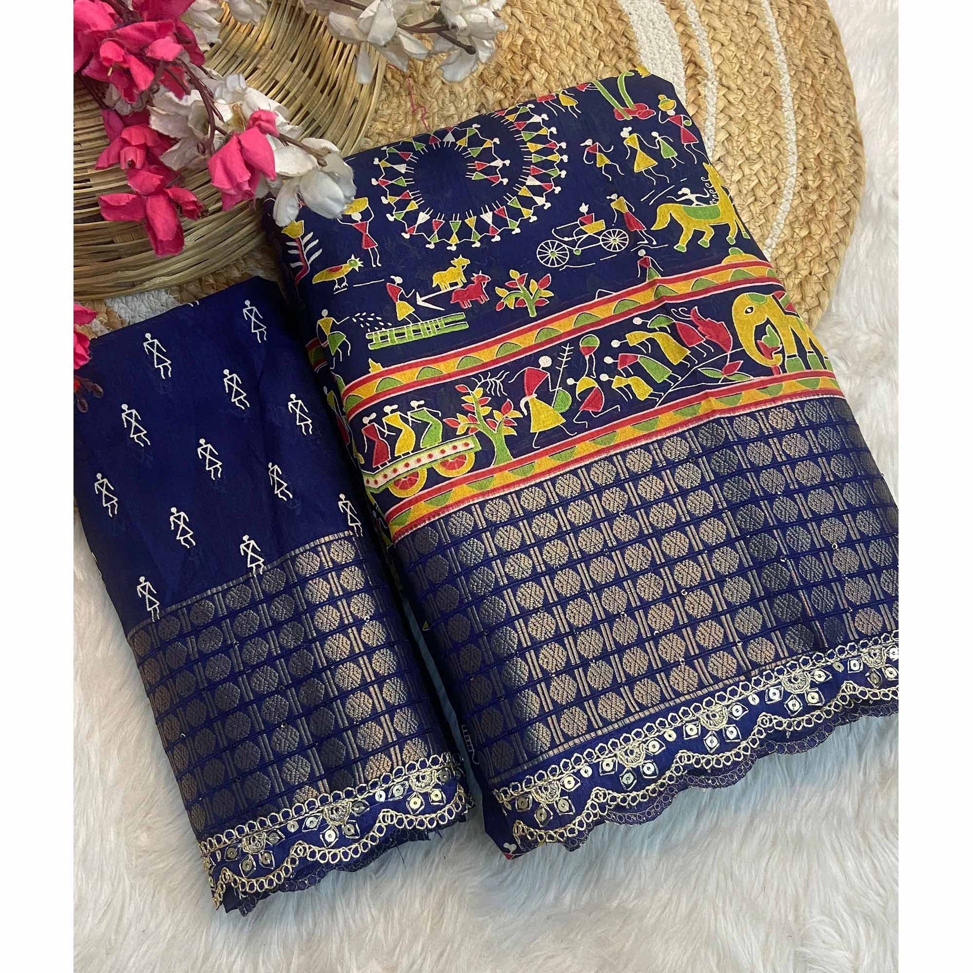 Blue Warli Printed Dola Silk Saree With Sequins Border