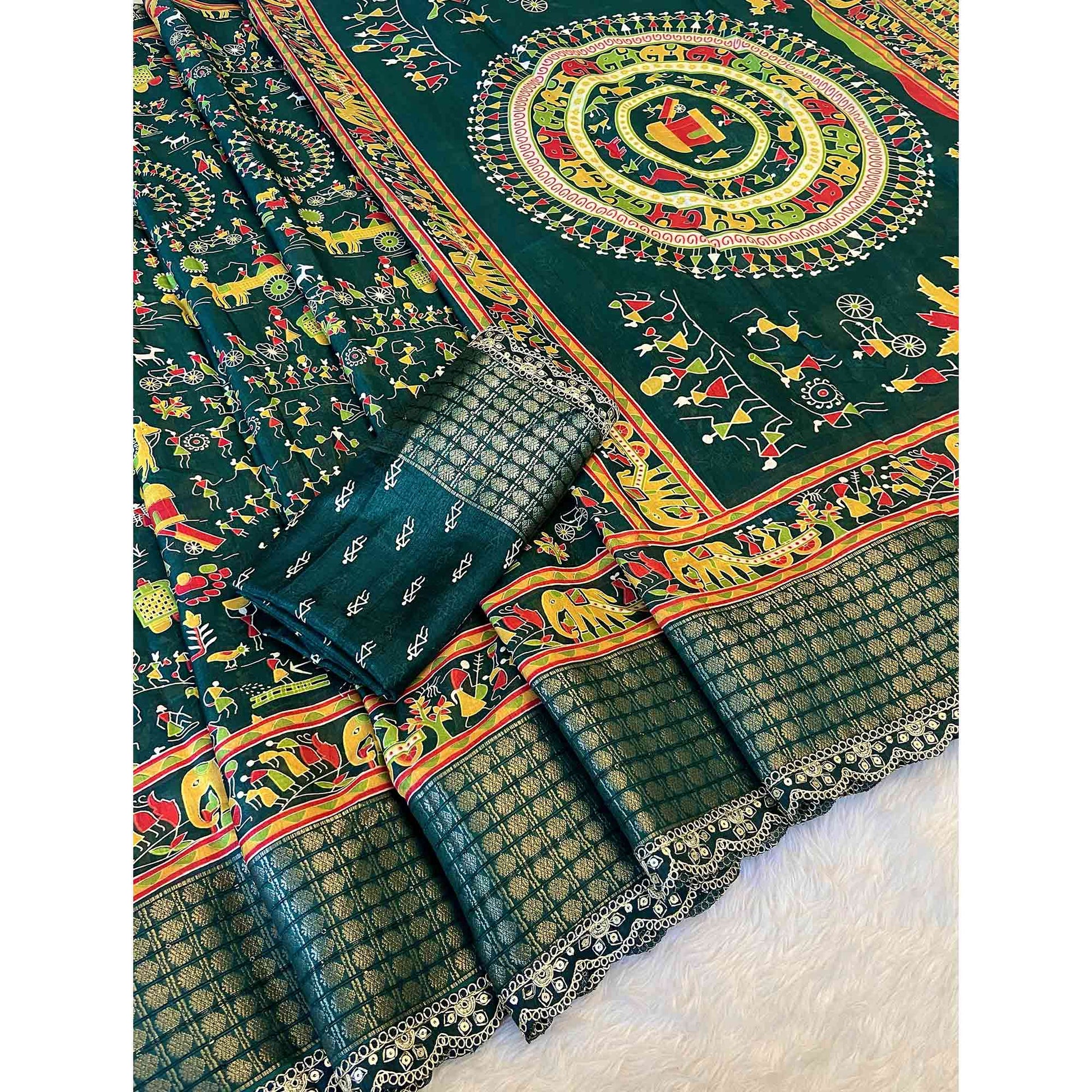 green-warli-printed-dola-silk-saree-with-sequins-border
