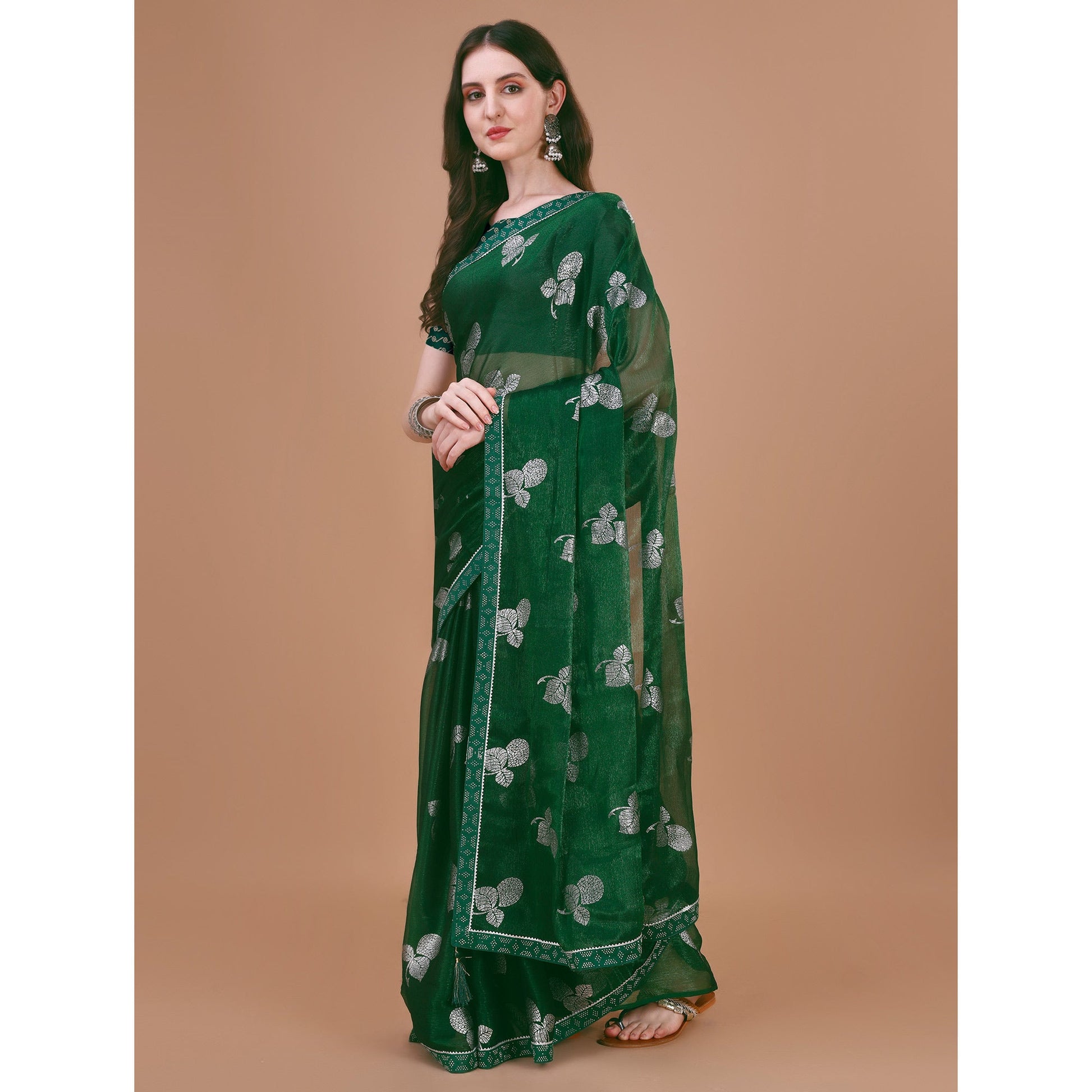 green-floral-foil-printed-chiffon-saree