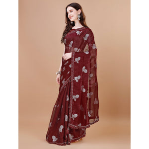 Maroon Floral Foil Printed Chiffon Saree