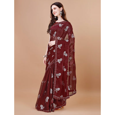 Maroon Floral Foil Printed Chiffon Saree