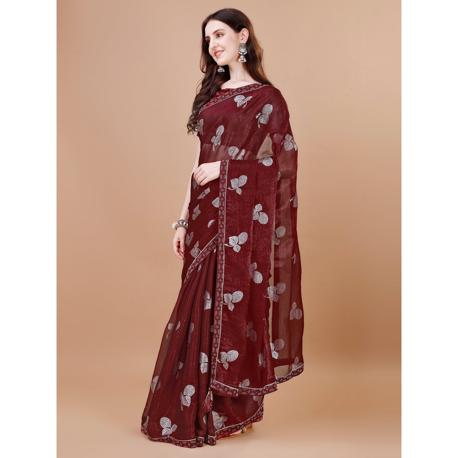 Maroon Floral Foil Printed Chiffon Saree