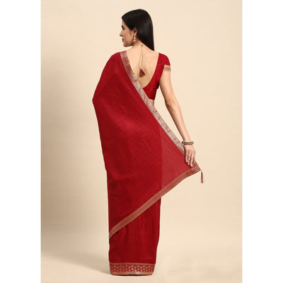 Maroon Solid Vichitra Silk Saree With Zari Border
