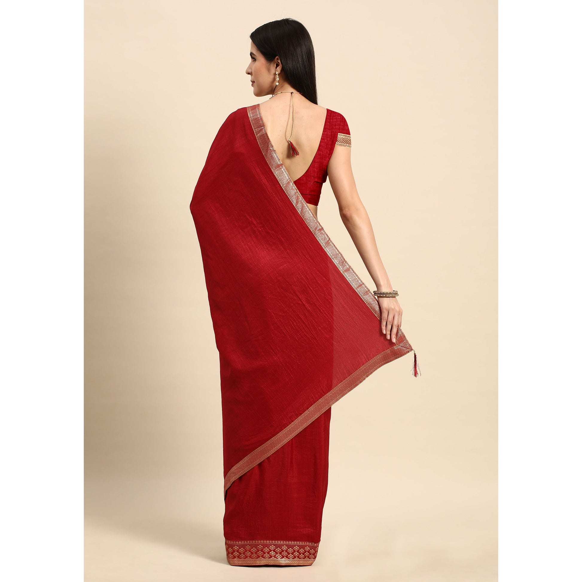 Maroon Solid Vichitra Silk Saree With Zari Border