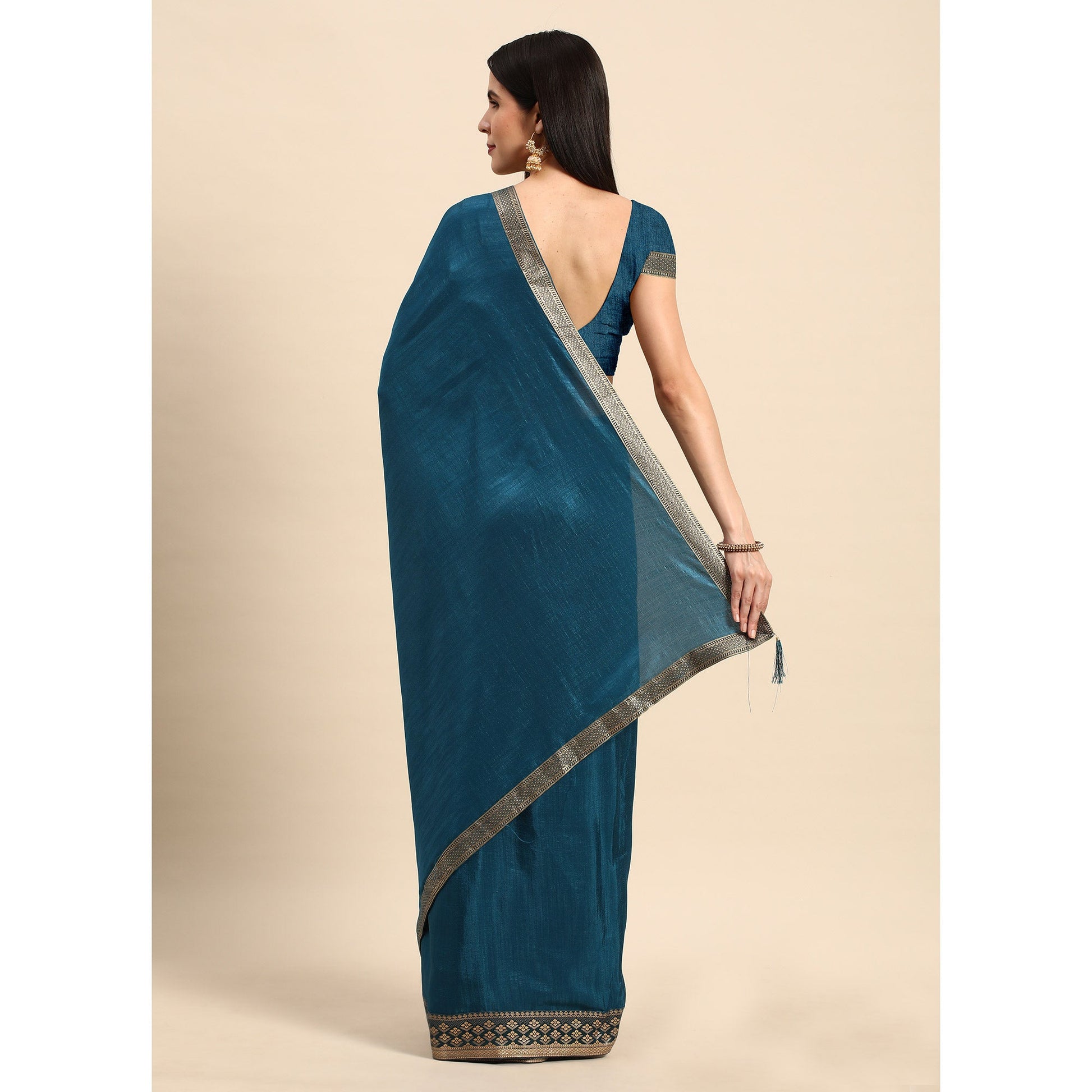 Blue Solid Vichitra Silk Saree With Zari Border