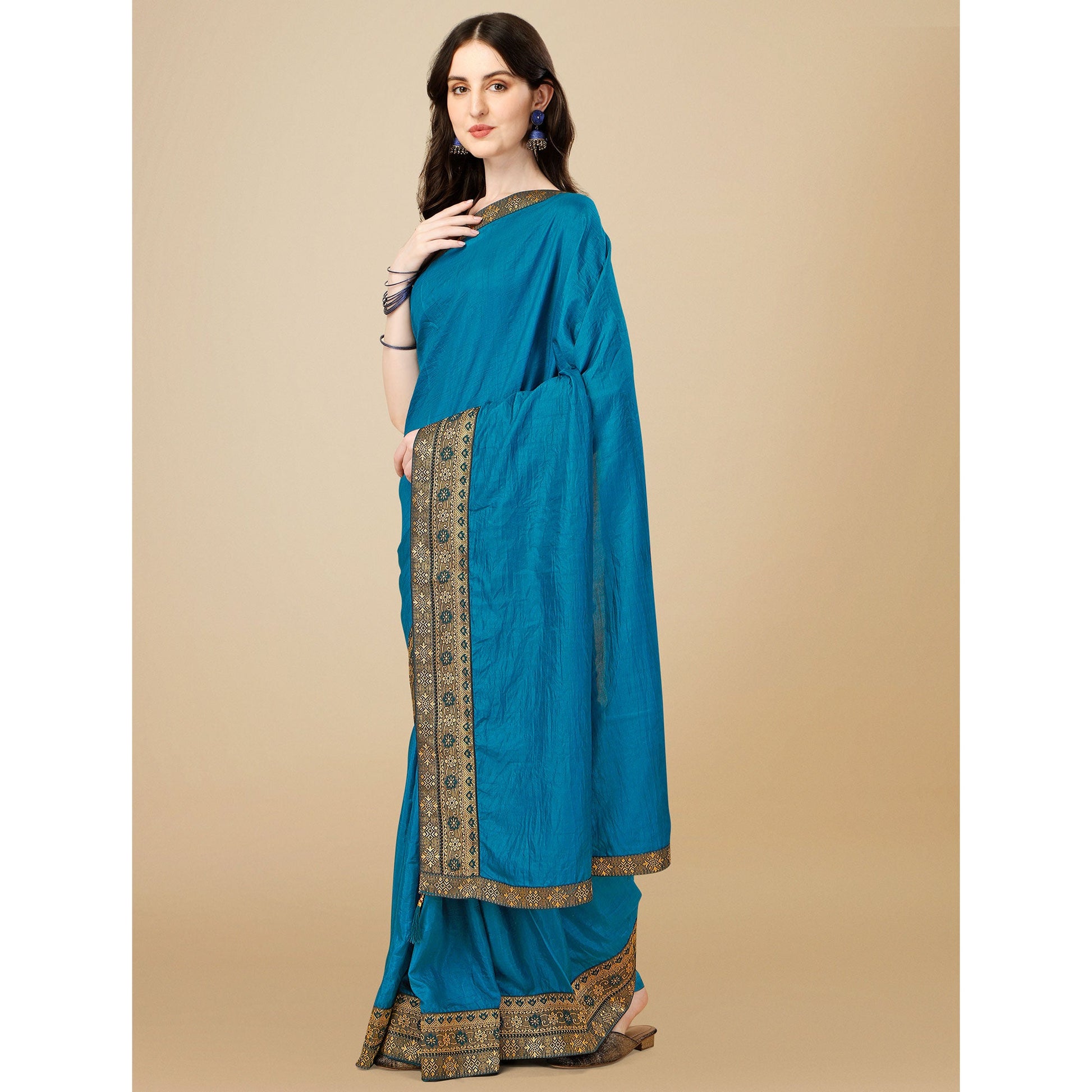 Blue Solid Vichitra Silk Saree