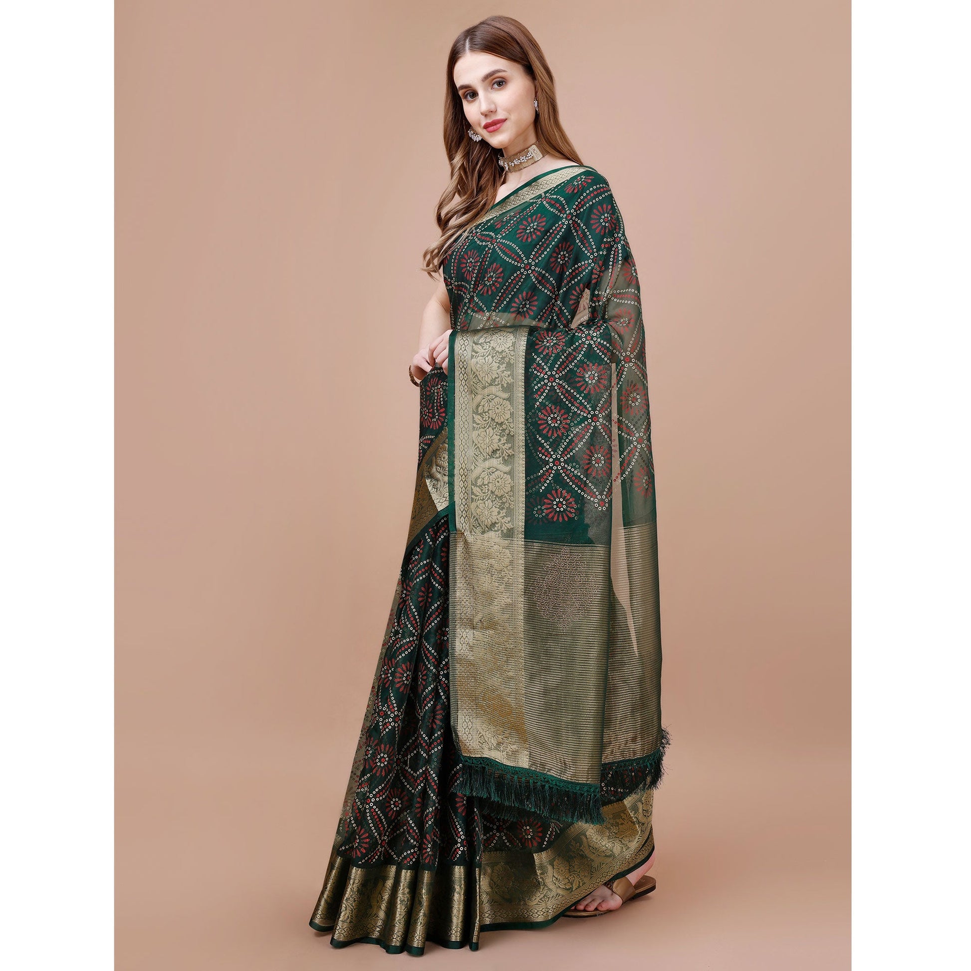 green-bandhani-printed-organza-saree-with-woven-border
